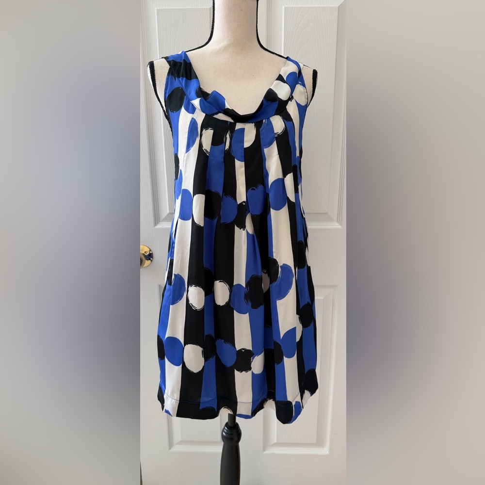 MISS ME Satin Geometric Dress 80s Mini Black Navy White Pockets Tie Back M